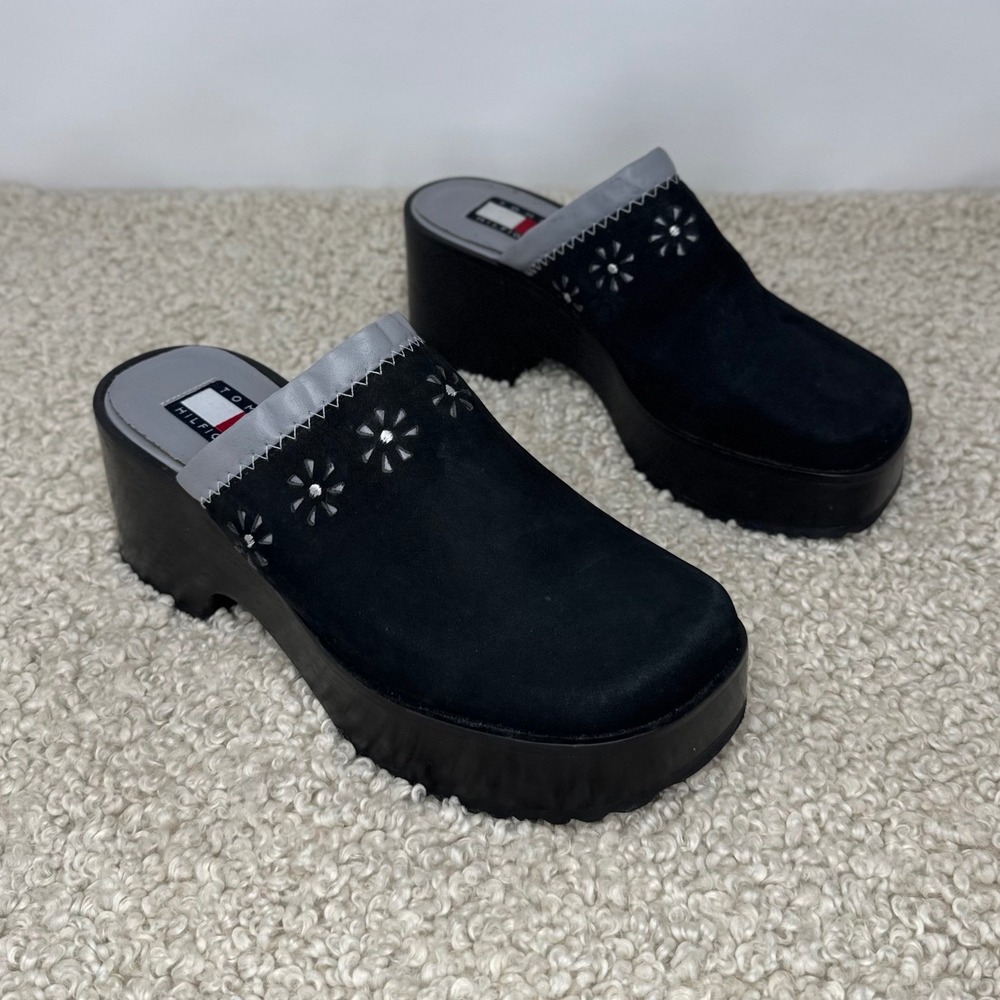 Vintage 90s Tommy Hilfiger 7.5 Black Suede Chunky Clogs Whimsygoth Mules Y2K